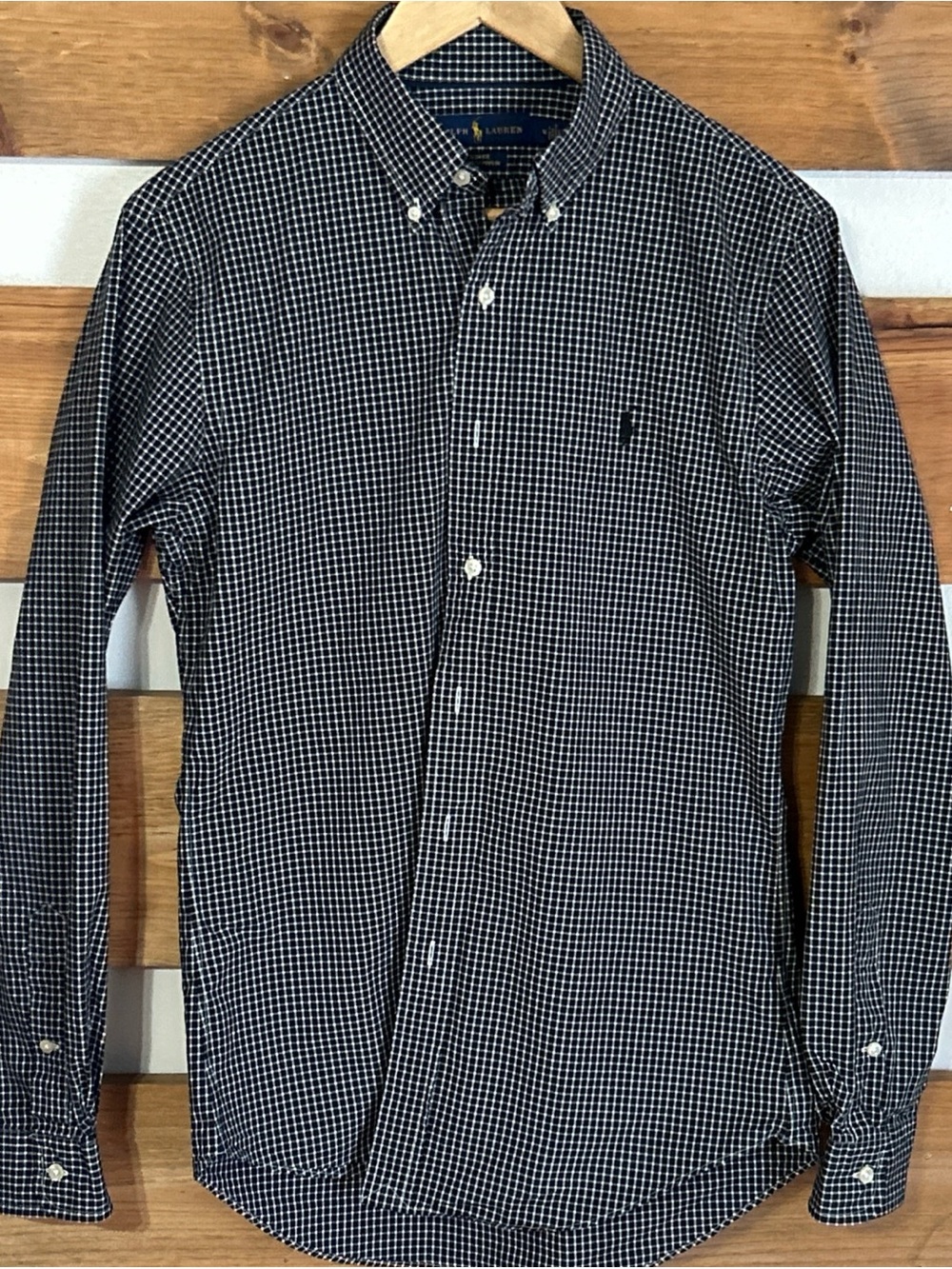 Ralph Lauren Slim Fit Stretch Poplin Long Sleeve Black/White Plaid Size Medium